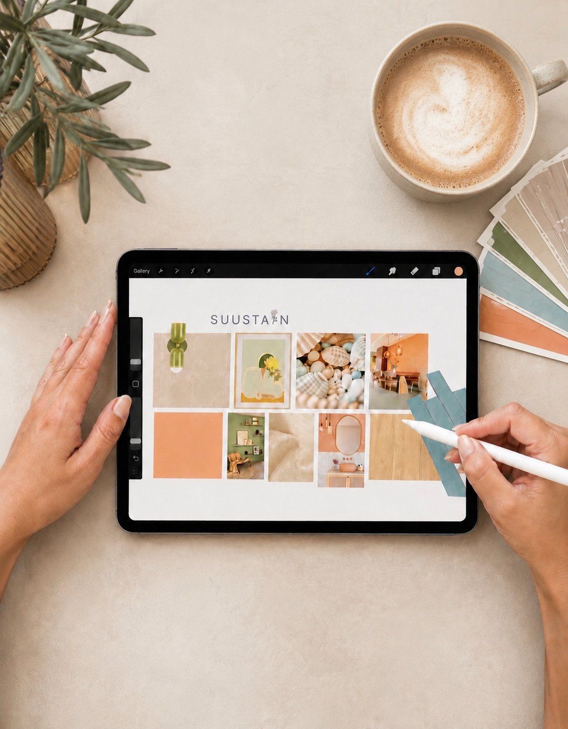 Suzanne werkt aan een digitaal moodboard op de ipad. Op tafel staat een lekker bakje koffie en liggen diverse matchende verfstalen.